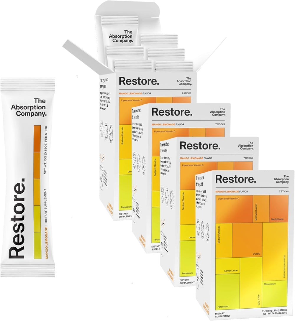 The Absorption Company electrolyte packets mango lemonade glass ready for post-workout refreshment
