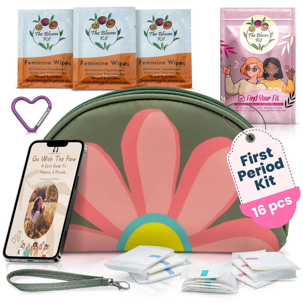 The Bloom first-period kit open with contents, ideal for on-the-go preparation.