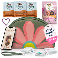 The Bloom first-period kit open with contents, ideal for on-the-go preparation.