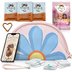 The Bloom first period kit pink pouch front showing discreet, portable design