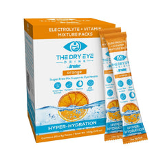 The Dry Eye Drink orange packets ready to mix for quick eye hydration.