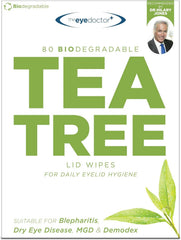The Eye Doctor Tea Tree Eyelid Wipes packaging closeup for daily lid care.