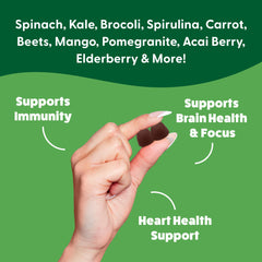 The Feel Great Vitamin Company Super Greens Gummies kale imagery highlights antioxidants.