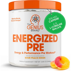 The Genius Brand Energized pre-workout bottle being poured for a powerful training session.