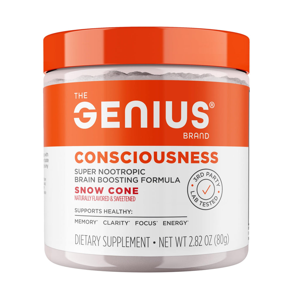 The Genius Brand Genius Consciousness snow cone bottle pour supports focus and daytime clarity.