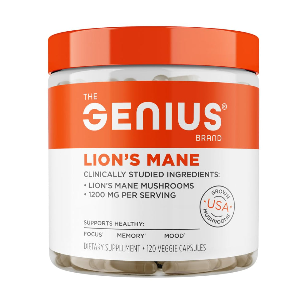 The Genius Brand Genius Lion's Mane bottle close-up supports daily focus