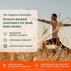 The Genius Brand Genius Lion's Mane bottle label highlights organic, non-GMO ingredients