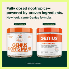 Genius Lion's Mane capsules poured suggest quick daily use for busy days