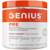 The Genius Brand Genius Pre bottle on shelf highlighting clean energy and focus potential.