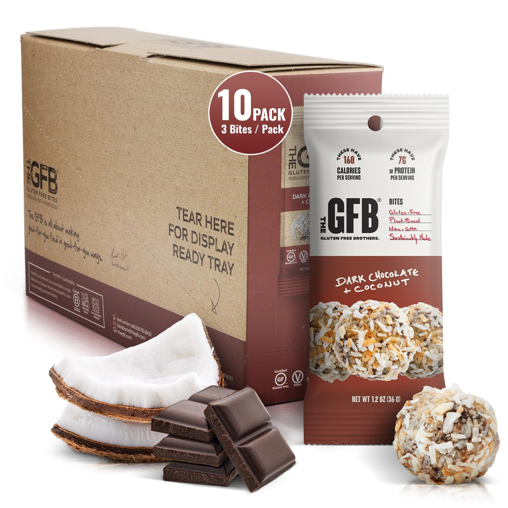 The GFB Dark Chocolate Coconut Protein Bites pack, a ready-to-go gluten-free snack for busy days.