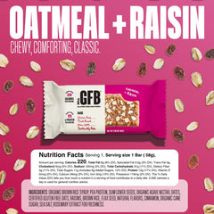 The GFB Oatmeal Raisin Bar ingredients bowl showcases plant-based protein.