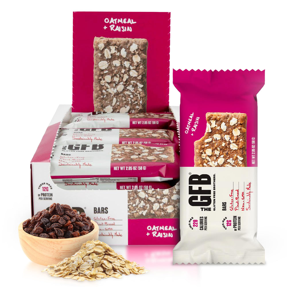 The GFB Oatmeal Raisin Bar packaging, a gluten-free convenient snack.