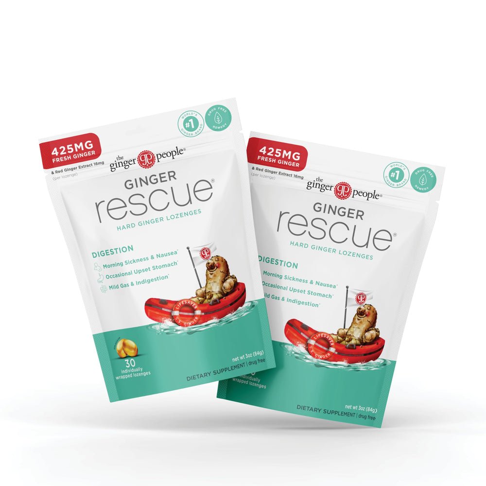 The Ginger People Ginger Rescue lozenges pack front for travel-ready relief.