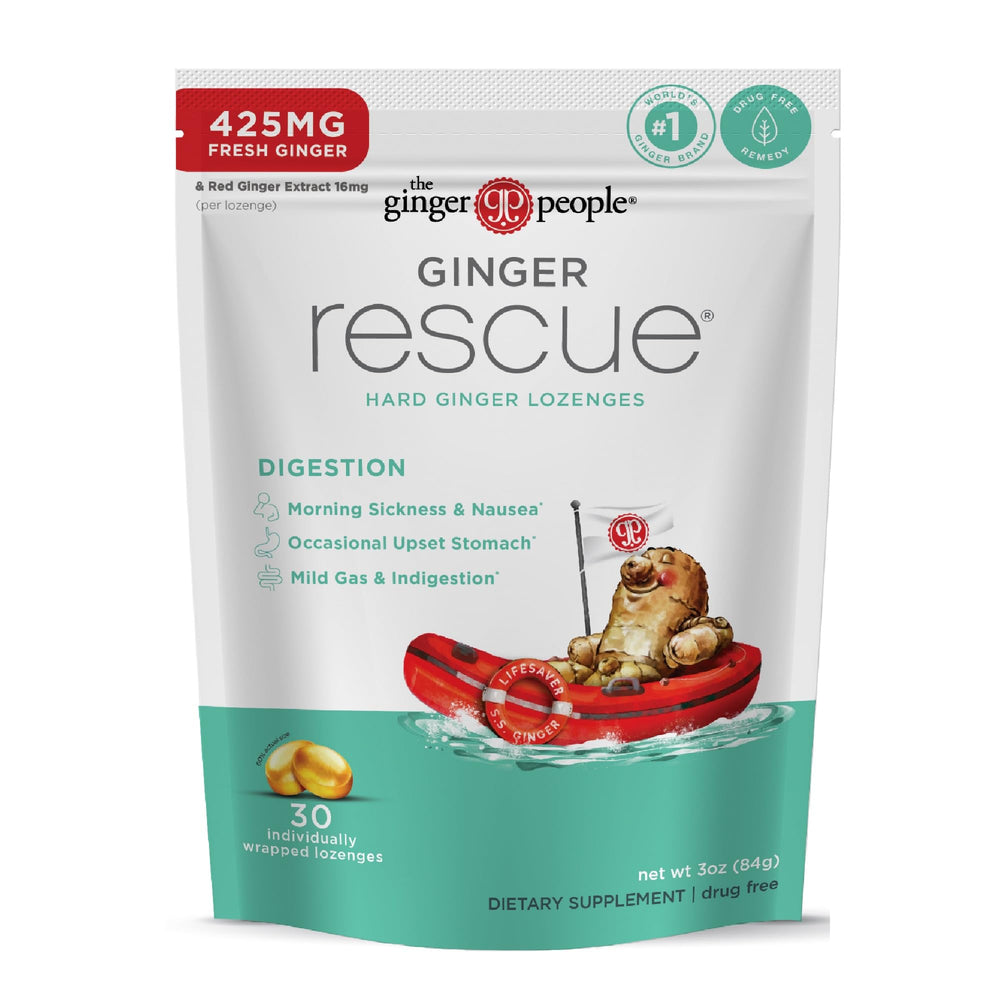 The Ginger People Ginger Rescue lozenges pack front for on-the-go relief