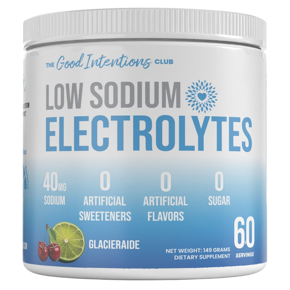 The Good Intentions Club low-sodium electrolytes powder with Glacieraide for balanced hydration.