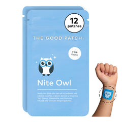 The Good Patch Nite Owl patch on skin for a soothing bedtime routine.