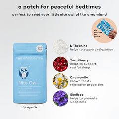 The Good Patch Nite Owl packaging highlights tart cherry, chamomile, and skullcap ingredients.