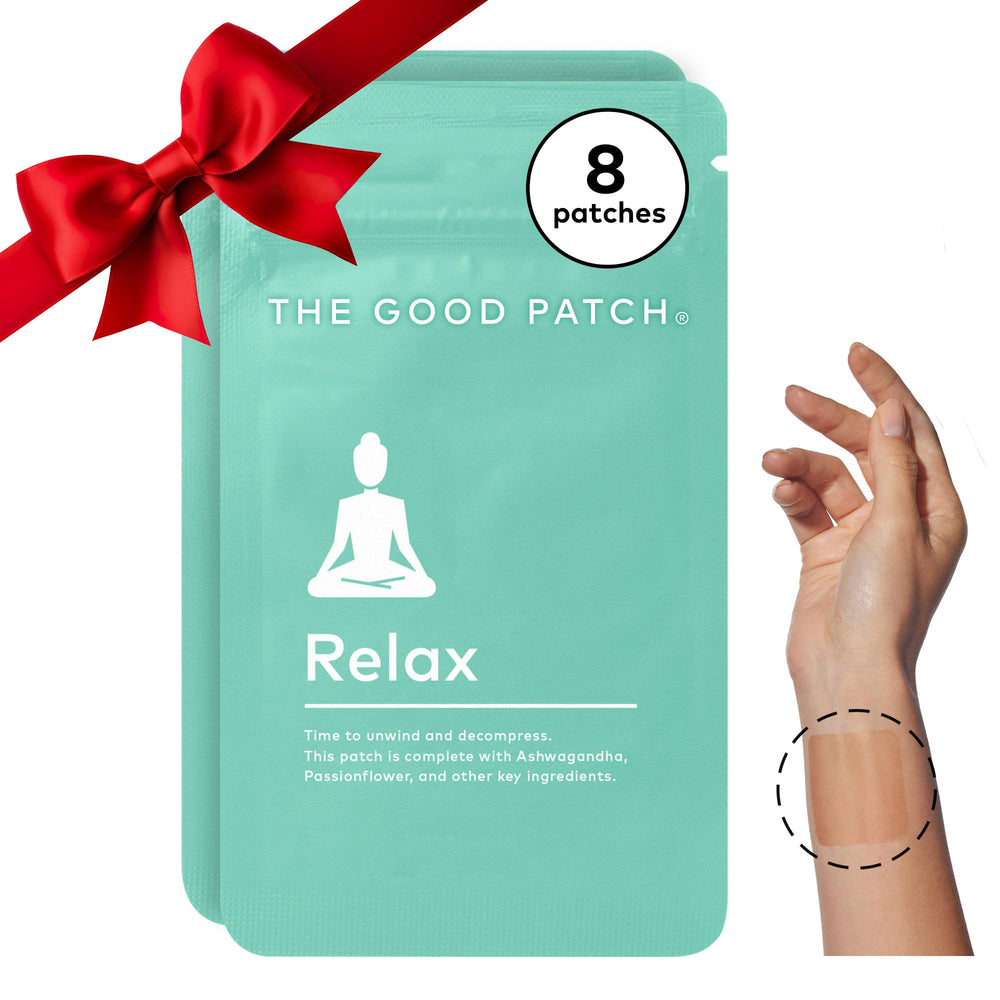 The Good Patch Relax patch worn on the wrist for discreet calm and focus