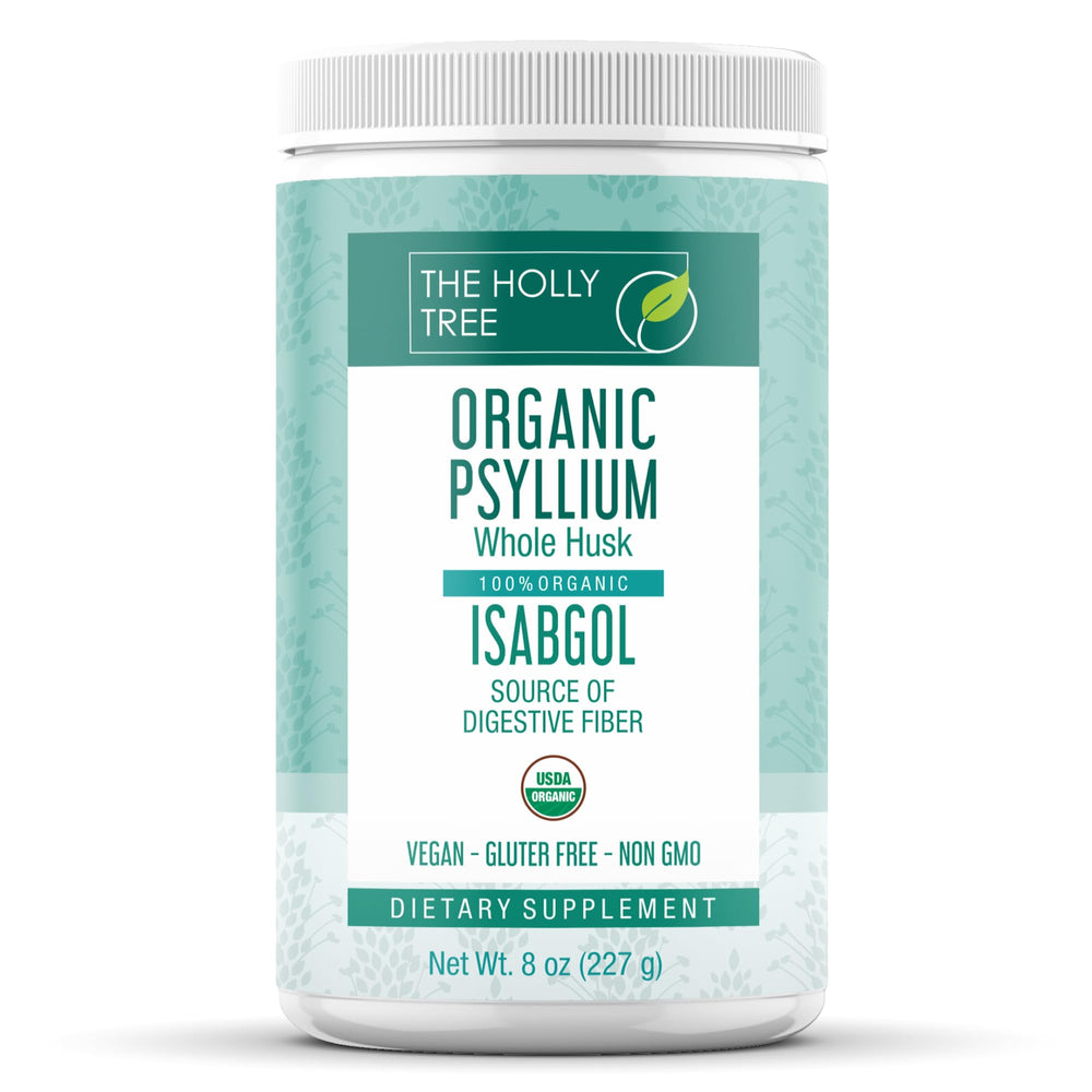The Holly Tree Psyllium Husk Powder jar shows organic fiber for daily digestive support.