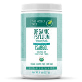 The Holly Tree Psyllium Husk Powder jar shows organic fiber for daily digestive support.