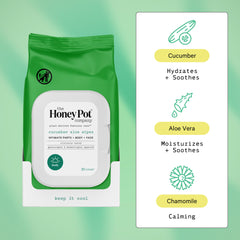 Open pack of The Honey Pot Cucumber Aloe Wipes for on-the-go cleansing and refresh.