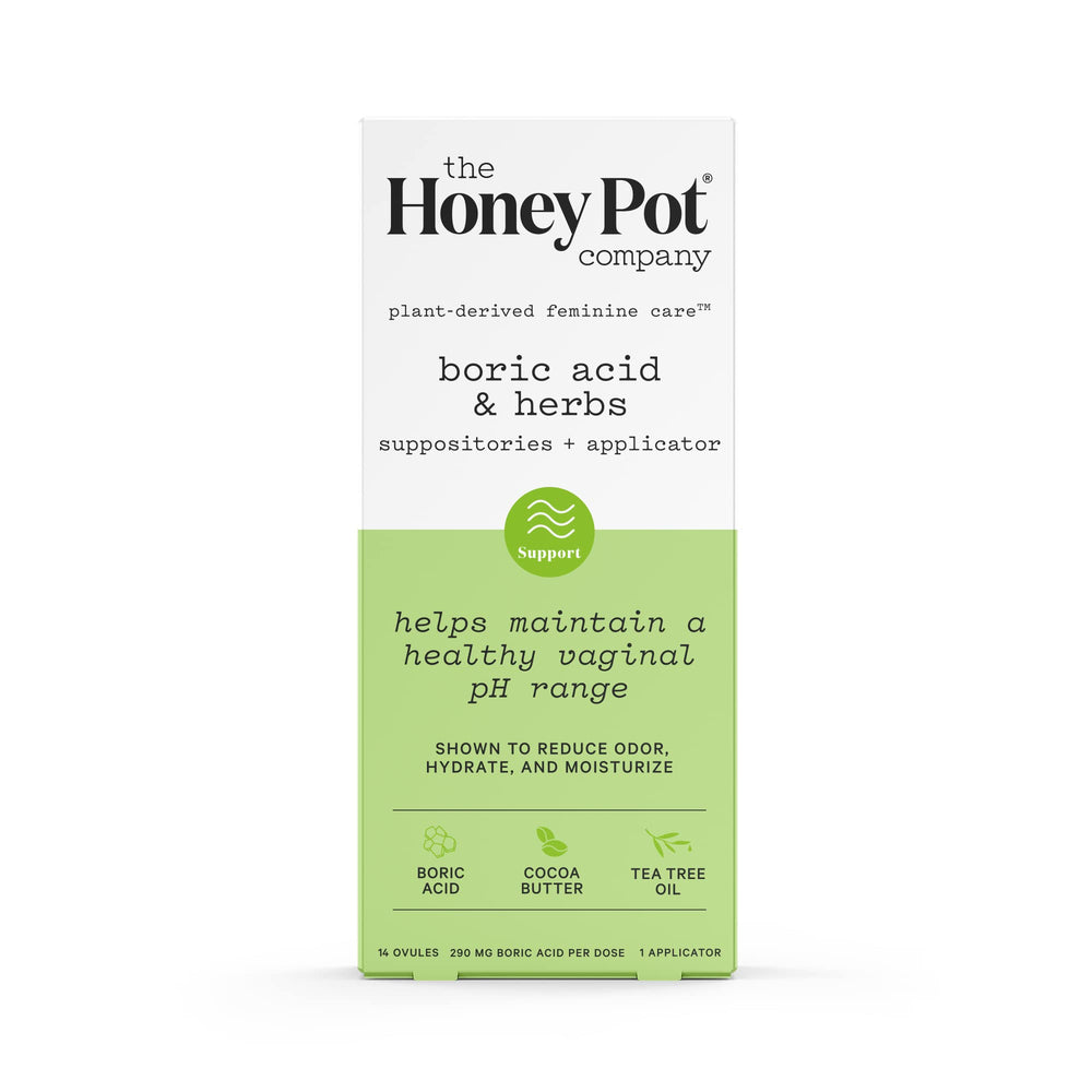 The Honey Pot packaging for 7-Day Boric Acid Suppositories ready for pH balance support