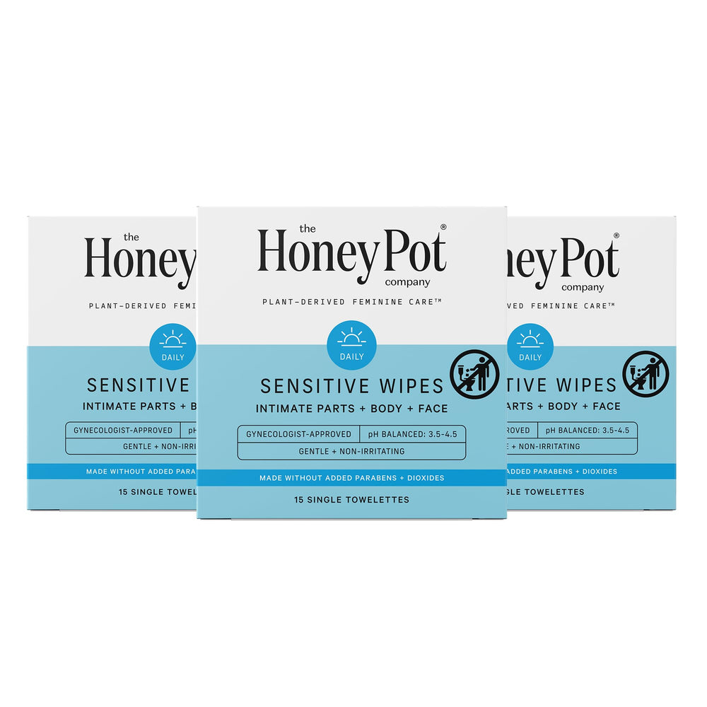 The Honey Pot Sensitive Feminine Wipes, individually wrapped for on-the-go freshness.