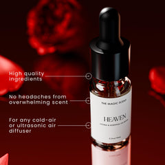 The Magic Scent Heaven glass bottle closeup highlighting premium diffuser oil quality.