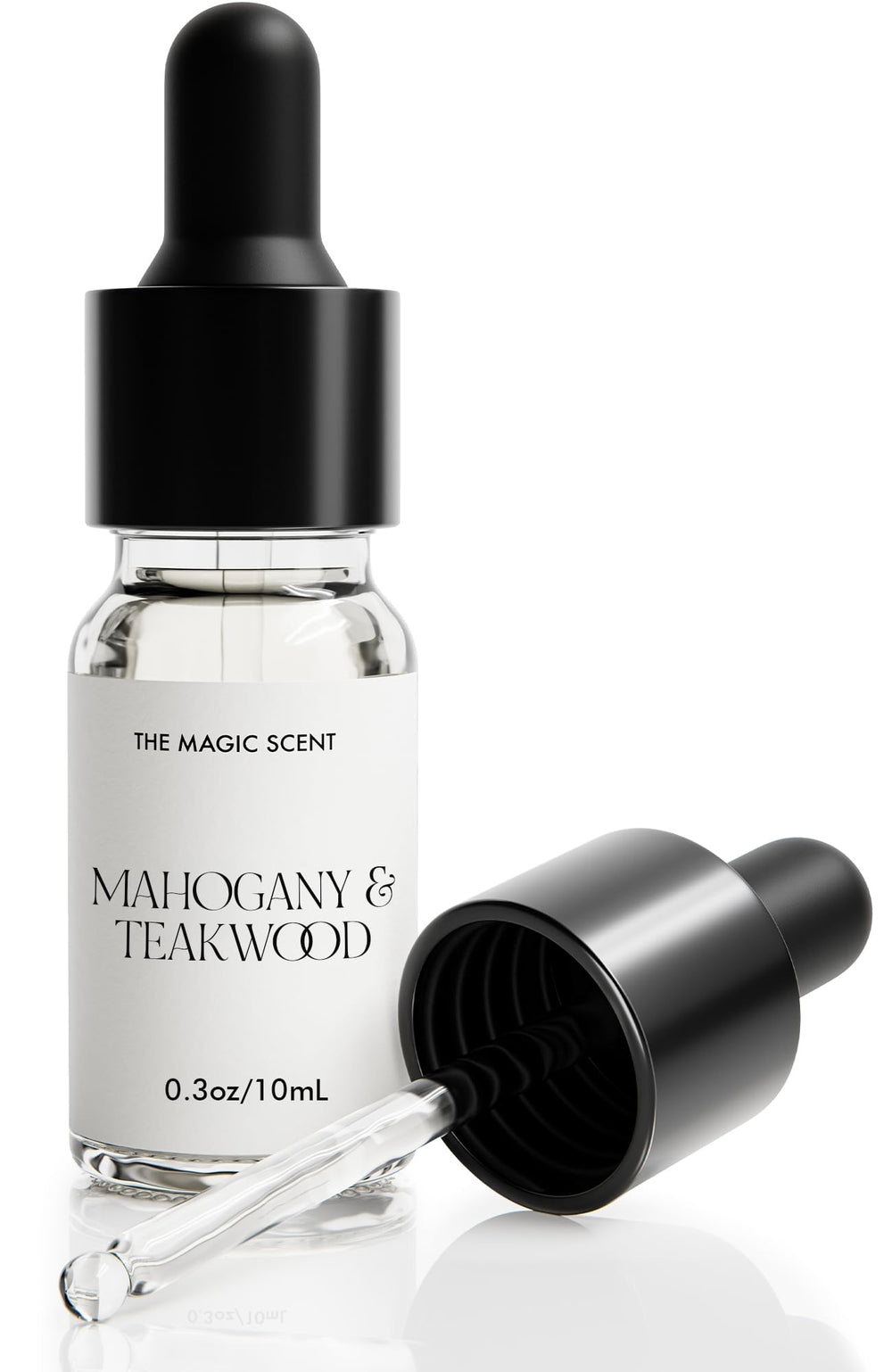 The Magic Scent Mahogany & Teakwood diffuser oil bottle highlighting premium scent notes for a refined room aroma.