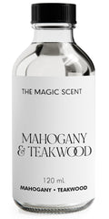 The Magic Scent Mahogany Teakwood diffuser oil bottle fills spaces with warm, inviting wood note.