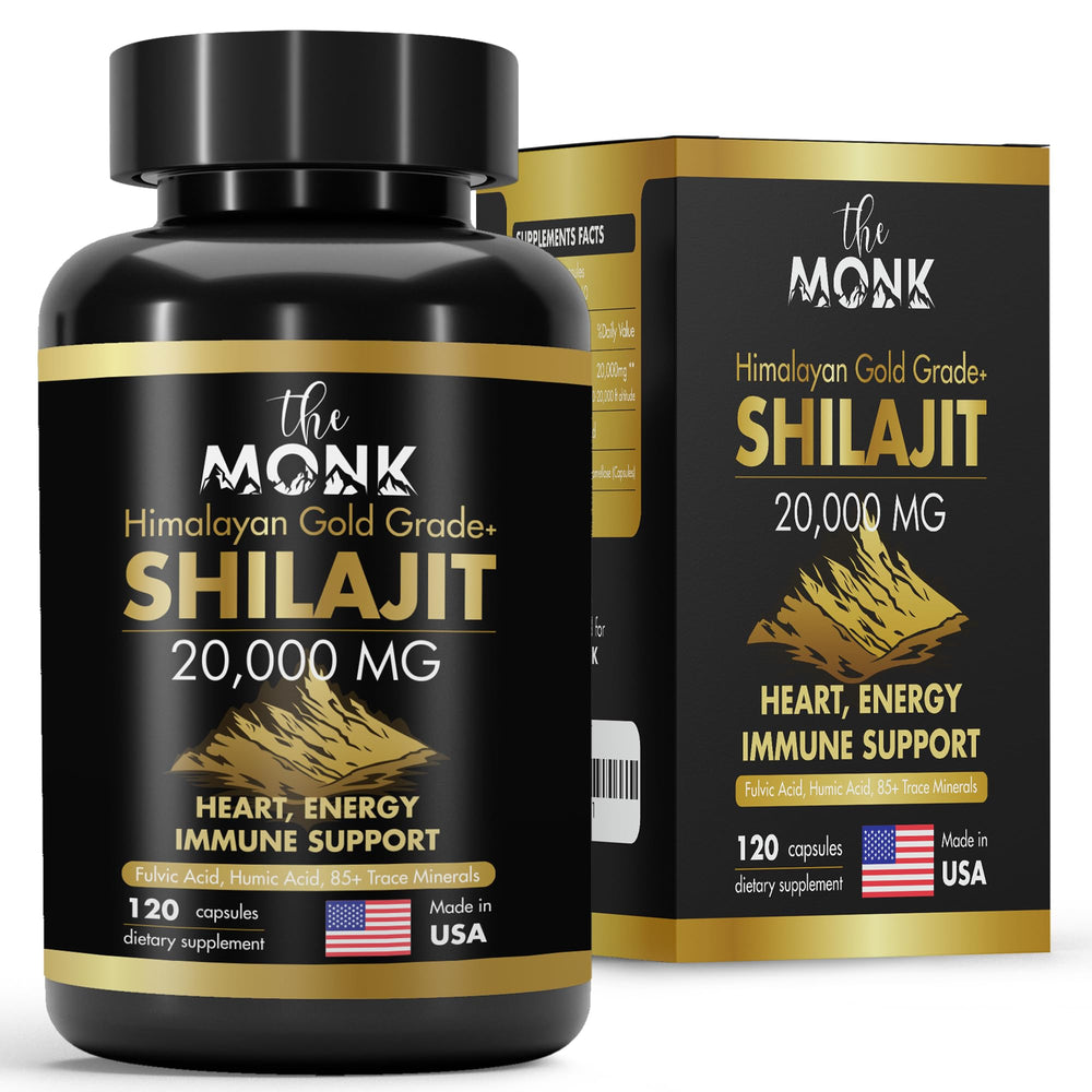 The MONK Organic Shilajit bottle label highlights gold grade formula and Himalayan origin.