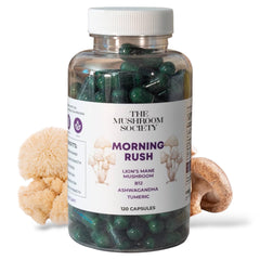 The Mushroom Society Morning Rush bottle close-up emphasizing focus with Lion's Mane