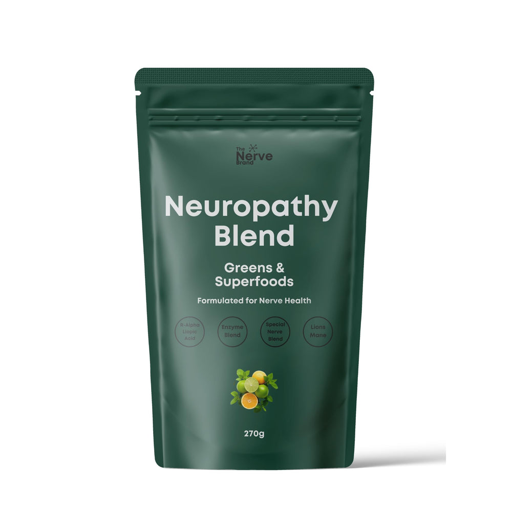 The Nerve Brand Neuropathy Superfood bottle pouring for convenient daily greens.