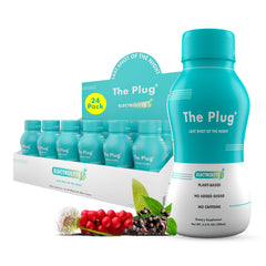 The Plug Liver Cleanse bottle pour shows a refreshing, sugar-free electrolyte drink to start your day.