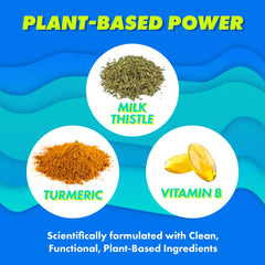 Close-up of capsules illustrates milk thistle and turmeric as key plant ingredients.