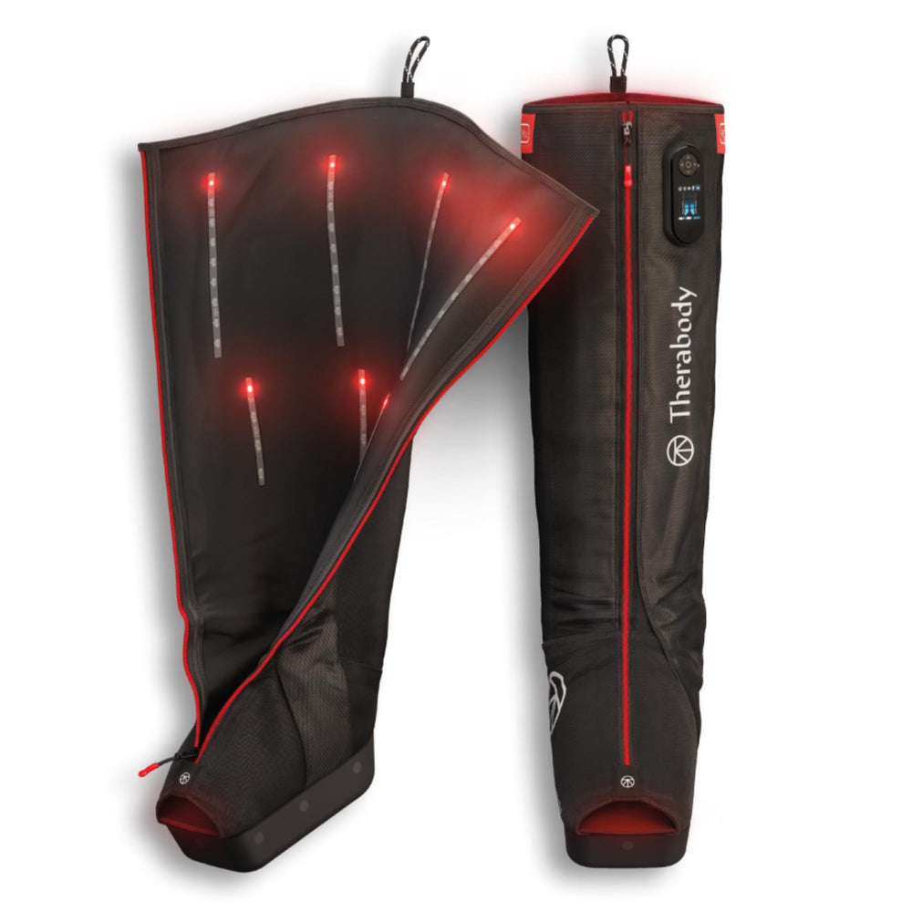 TheraBody JetBoots Pro Plus wireless boots in use for leg recovery on the go