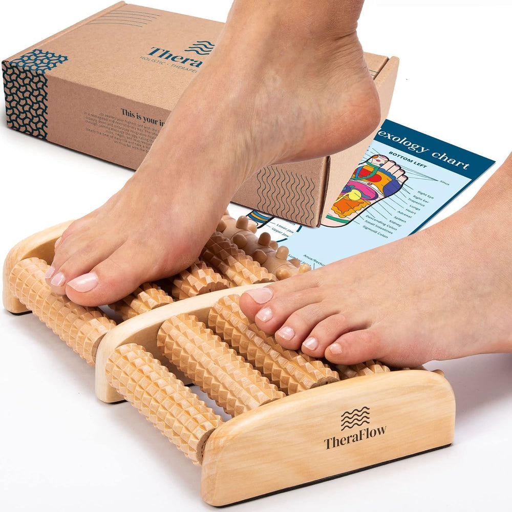 TheraFlow large dual foot massager wooden body offers deep relaxation for tired feet.