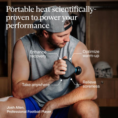 TheraGun Mini Plus in use shows targeted massage with added warmth.