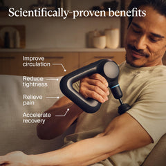Theragun Prime 5th Gen triangle handle demonstrates ergonomic grip for wrist comfort.