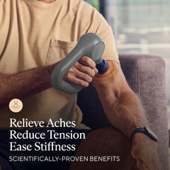 TheraGun Relief gray side handling demonstrates easy grip for reach