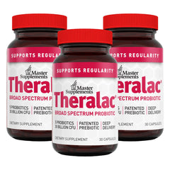 Theralac probiotic bottle front showing multi-strain gut balance capability.