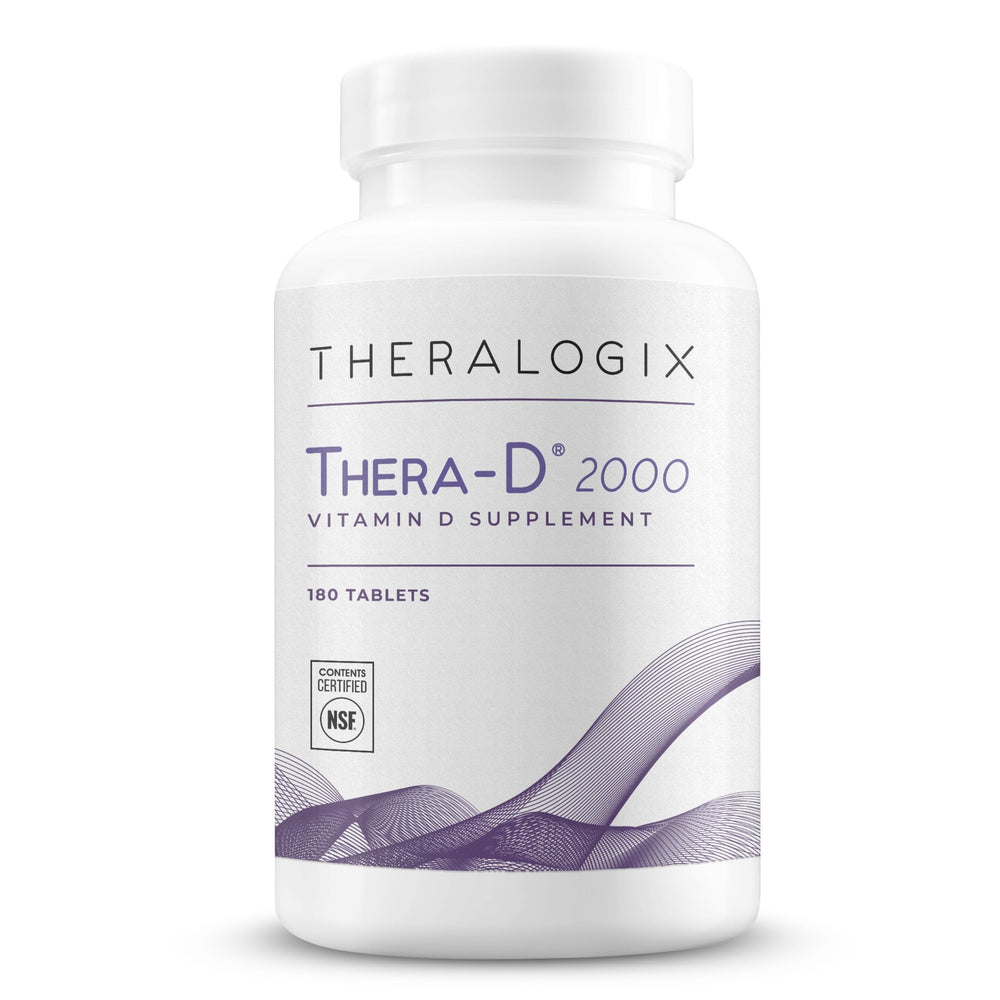 Theralogix Thera-D 2000 bottle front shows daily vitamin D3 for bone and heart health support