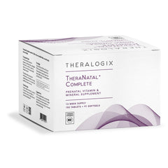 Theralogix TheraNatal complete bottle front showing all-in-one prenatal vitamins for daily support.