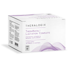 Theralogix TheraNatal lactation tablets bottle highlighting complete postnatal nutrients for breastfeeding support