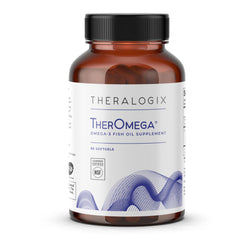 Theralogix TherOmega bottle and softgels for easy daily omega-3 intake and joint support.