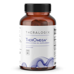 Theralogix TherOmega bottle with NSF seal signals premium omega-3 for heart support