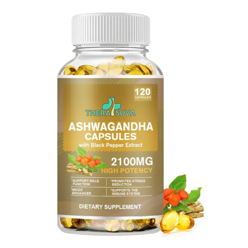 TheraSuva Ashwagandha 2100mg bottle with softgels supports calm energy during busy days
