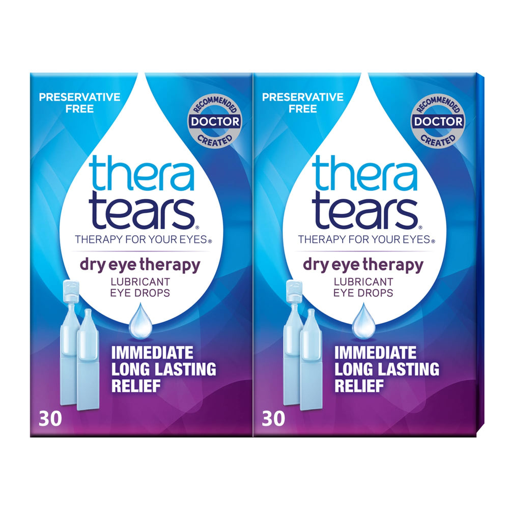 TheraTears bottle with single-use vials delivering lubricating relief