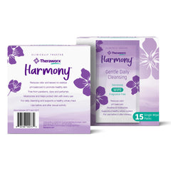 Individually wrapped Theraworx Harmony wipes highlight on-the-go portability.