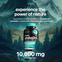 Thinbi Pure Himalayan Shilajit capsules close-up shows fulvic acid and minerals for daily use.